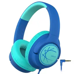 iClever Kinderkopfhörer, über Ohr, faltbar, 85dBA, Stereo Sound, 3.5 mm Jack, für iPad, Tablets, Schule, Reisen, Blau