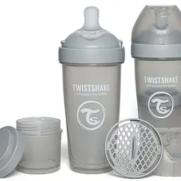 Twistshake Doppelbabyflasche 330 ml mit Milchpulverbehälter, silikon-porzellan, BPA-frei, für Babys ab 4 Monate, grau