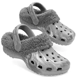 CityComfort Kinder Crocs, Hausschuhe Mädchen mit Sherpa-Futter, Winterfußschuhe mit Riemen, Geschenk, Größe 27 EU (Camouflage-Grau)