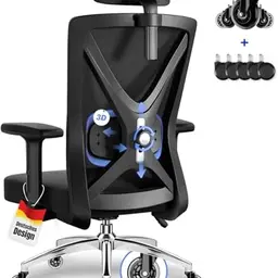 Daccormax ergonomischer Bürostuhl mit verstellbaren Armlehnen, Kopfstütze, Lendenstütze, Wippfunktion, schwarz, 200kg
