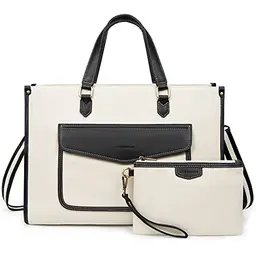 Missnine Laptoptasche 15,6 Zoll Damen Handtasche Business Shopper mit Clutch Schwarz & Beige