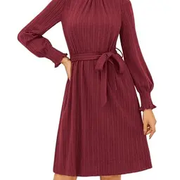 Damen Midikleid A-Linie Herbstkleid Langarm in Weinrot, Größe M