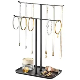 Schmuckständer schwarz – 2-stöckiger Schmuckbaum für Ketten, Armbänder, Ohrringe und Ringe, ideal für Schminktisch oder Kommode