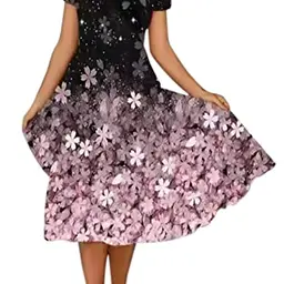 Damen Sommerkleid Kurzarm V-Ausschnitt mit Blumendruck - A-Linie Midikleid in Rosa (Größe S)