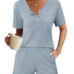 Ekouaer Damen Kurz Pyjama Set - Sommer Nachtwäsche mit Taschen, Hellblau, Größe M