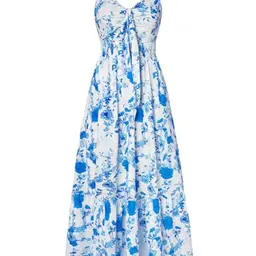 Damen viktorianisches Blumenkleid A-Linien Renaissance Vintage Kurzarm Freizeitkleid mit blauen Blumen, Taille S