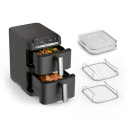 Tefal Easy Fry Crispy Stack Heißluftfritteuse, 2-Kammer, 6 Programme, platzsparend, spülmaschinenfester Garkorb, dunkelgrau