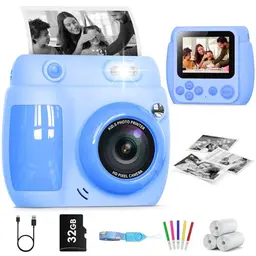 Gofunly Sofortbildkamera für Kinder, 2,4 Zoll Bildschirm, inkl. 32GB Karte & Druckpapier, Geschenk für 3-12 Jahre (Blau)