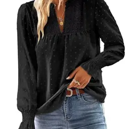 TUUHAW Damen Tunika Langarm Boho Bluse V-Ausschnitt Schwarz