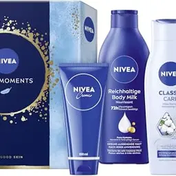 NIVEA Care Moments Geschenkset mit Pflegeset, Duschgel, Shampoo, Body Milk und Creme