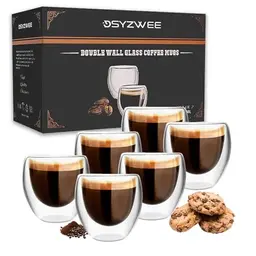 DSYZWEE Doppelwandige Thermoglas Espresso Tassen, 6er-Set, 80 ml, ideal für Latte und Iced Americano
