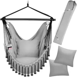 Tectake® Hängesessel für Outdoor/Indoor mit Tabletfach und Getränkehalter, grau - belastbar bis 150 kg