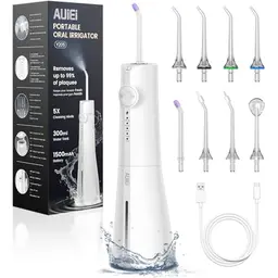 Kabellose Munddusche AUIEI - Tragbarer Waterflosser mit 5 Modi & 8 Düsen für Mundpflege (300ML, Weiß)