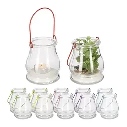 Relaxdays Windlicht 12er Set, Glas mit buntem Henkel, Teelichthalter für innen und außen