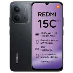 Xiaomi REDMI 15C 5G Smartphone, 4GB RAM, 128GB, 6,9" 120Hz Display, 50MP Kamera, 6000mAh - Mitternachtsschwarz