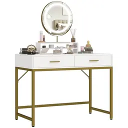 HOMCOM Schminktisch mit LED Beleuchtung und verstellbarem Spiegel, 2 Schubladen, Make-up Tisch, Weiß