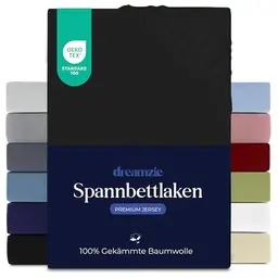 Dreamzie Spannbettlaken 180x200 cm für Matratzen bis 27 cm, 100% Jersey Baumwolle - Schwarz