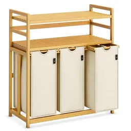 AdelDream Wäschekorb 150 l 3 Fächer mit ausziehbarem Wäschesack - Bambus Beige