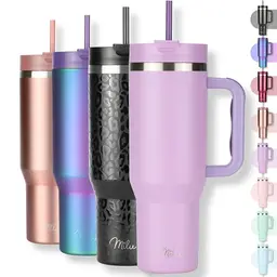 Milu Thermobecher 1200ml mit Strohhalm und Henkel – 48h Eis & 24h Kalt – Isolierbecher To Go (Lilac)