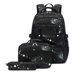 Vmokki Schulrucksack mit Weltall-Muster, Kühltasche und Federmäppchen - Wasserdicht & leicht für Kinder (Schwarz)