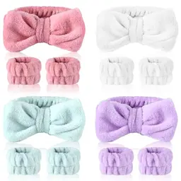 Heyu-Lotus 4 Paar Handgelenk Waschbänder mit Spa Bowknot Haarbändern für Frauen und Mädchen (blau)