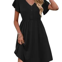 Zeagoo Damen Kleid Kurzarm V-Ausschnitt Sommerkleid Elegant Swing Minikleid mit Tasche Schwarz S
