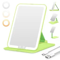 Auxmir Kosmetikspiegel mit Beleuchtung, Faltbarer Reisespiegel mit 3 Lichtfarben, USB Wiederaufladbar, Grün