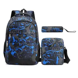 Camouflage Schulrucksack für Jungen und Mädchen, Schwarz und Blau, inkl. Federmäppchen und Umhängetasche