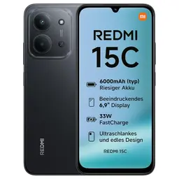 XIAOMI Redmi 15C Smartphone 4GB+128GB, 6,9" Display, 50MP Dual-Kamera, 6000mAh Akku, schlankes Design, Midnight Black
