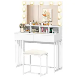YITAHOME Schminktisch mit Spiegel und Hocker, 3 Farben, Einstellbare Helligkeit, 2 Schubladen, Kosmetiktisch Weiß