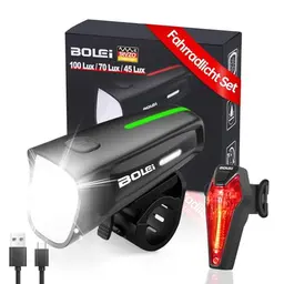 BOLEi LED Fahrradlicht Set, 100 LUX, StVZO zugelassene USB aufladbare und wasserdichte Fahrradbeleuchtung