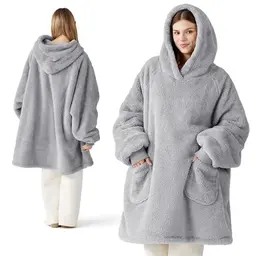 BEDSURE Hoodie Decke mit Ärmeln - Kuschelpullover für Erwachsene, tragbare Decke in Grau, 95x85 cm, ideal als Geschenk für Frauen
