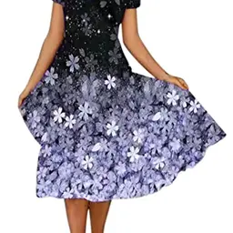 Damen Sommerkleid V-Ausschnitt mit Blumendruck, A-Linie, Midikleid in Violett (Größe L)