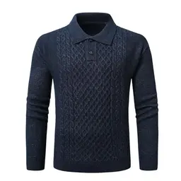 Herren Winter Strickpullover mit Knöpfen, Zopfmuster, Revers, Navyblau, XL