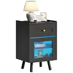 YITAHOME Nachttisch mit LED-Lichtleiste und verstellbarem Regal, schwarzer Beistelltisch für Schlafzimmer oder Wohnzimmer