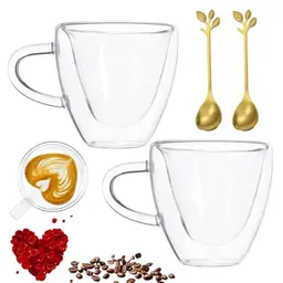 Gohytal 2er Kaffeegläser mit Löffel, 180ml Herz Glas, Isoliergläser für Tee und Milch, Geschenk für Paare