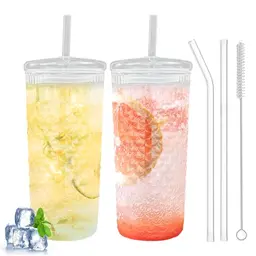 Byfoyif 2 Stück Glasbecher mit Deckel und Strohhalm, 650ml Eiskaffee und Smoothie Gläser