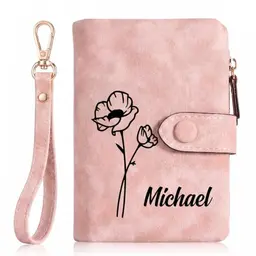 Personalisierte Damen-Geldbörse mit Gravur – Geburtstagsblume, Name, PU-Leder, mit Handgelenkband, Rosa