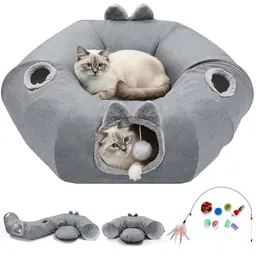 Odoland Katzen Tunnel mit Bett – Klappbares Donut Haustierbett, interaktives Spielzeug mit Ball, ideal für Kätzchen und Kleintiere