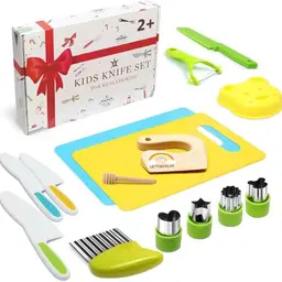 16-teiliges Kindermesser Set für die Küche mit Ausstechformen und Holzbrett - Montessori Spielzeug für Kinder ab 2 Jahren