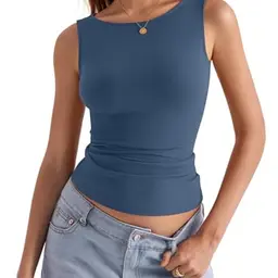 Shownicer Damen U-Boot Ausschnitt Tank Top - Sexy Ärmellos Sommer Basic in Marine, Größe M