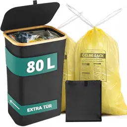 Gelber Sack Ständer 80L schwarz mit Innentasche und Tür für einfache Entnahme - Ideal für Küche und Haushalt