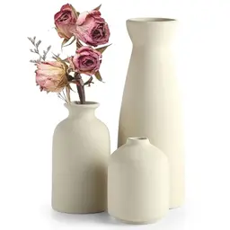 Vasen Set aus Keramik für Pampasgras und Trockenblumen, 3 Stück, Beige, Boho Deko für Wohnzimmer & Schlafzimmer