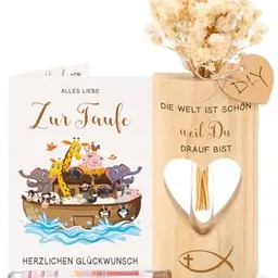 Taufgeschenk für Mädchen & Jungen – Geldgeschenk mit Reagenzgläsern, Holzständer, Trockenblumen & Taufkarte