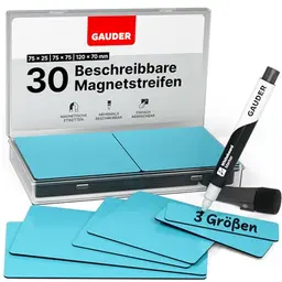GAUDER Magnetetiketten - Wiederverwendbare Magnetschilder für Whiteboard, Tafel und Kühlschrank (30 Stück, 3 Größen)