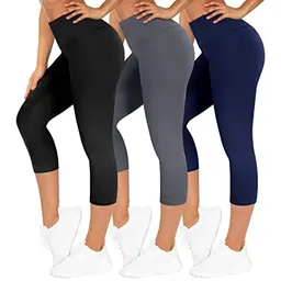 TNNZEET Damen Capri Leggings 3/4, High Waist, für Sport, Gym & Yoga, 3er Pack, Schwarz/Dunkelgrau/Marineblau, S-M