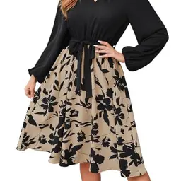 SweatyRocks Damen Blusenkleid mit Gürtel, A-Linien, Midi, Blumen, Herbst, Khaki