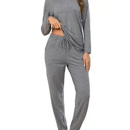 Bresdk Damen Schlafanzug Winter Pyjama Set V-Ausschnitt Grau L