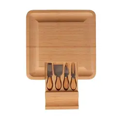 TARUNMO Servierbrett aus Holz, 34 cm – Bambus Käseplatte mit Messer Set, ideales Geschenk für Paare