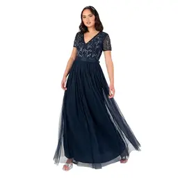 Maya Deluxe Damen Maxikleid mit Blumen, Paillettenverzierungen und Gürtel, Marineblau, Größe 38